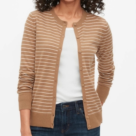 GAP Sweaters - GAP Crew Neck Stripe Cardigan Camel Brown S
